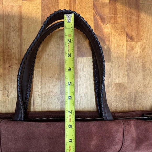 AllSaints Mori Suede Leather Tote Bag Brown Braided Handle Whipstitch - Picture 4 of 14